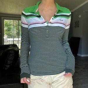 Preppy stripes green pink and white long sleeve collared shirt